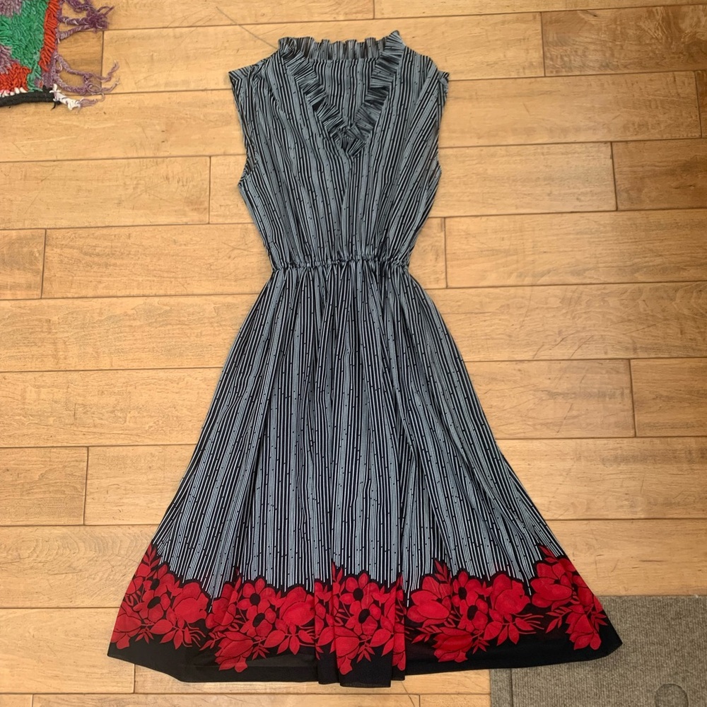 Vintage 1970s Semi Sheer Striped Floral Dress M
